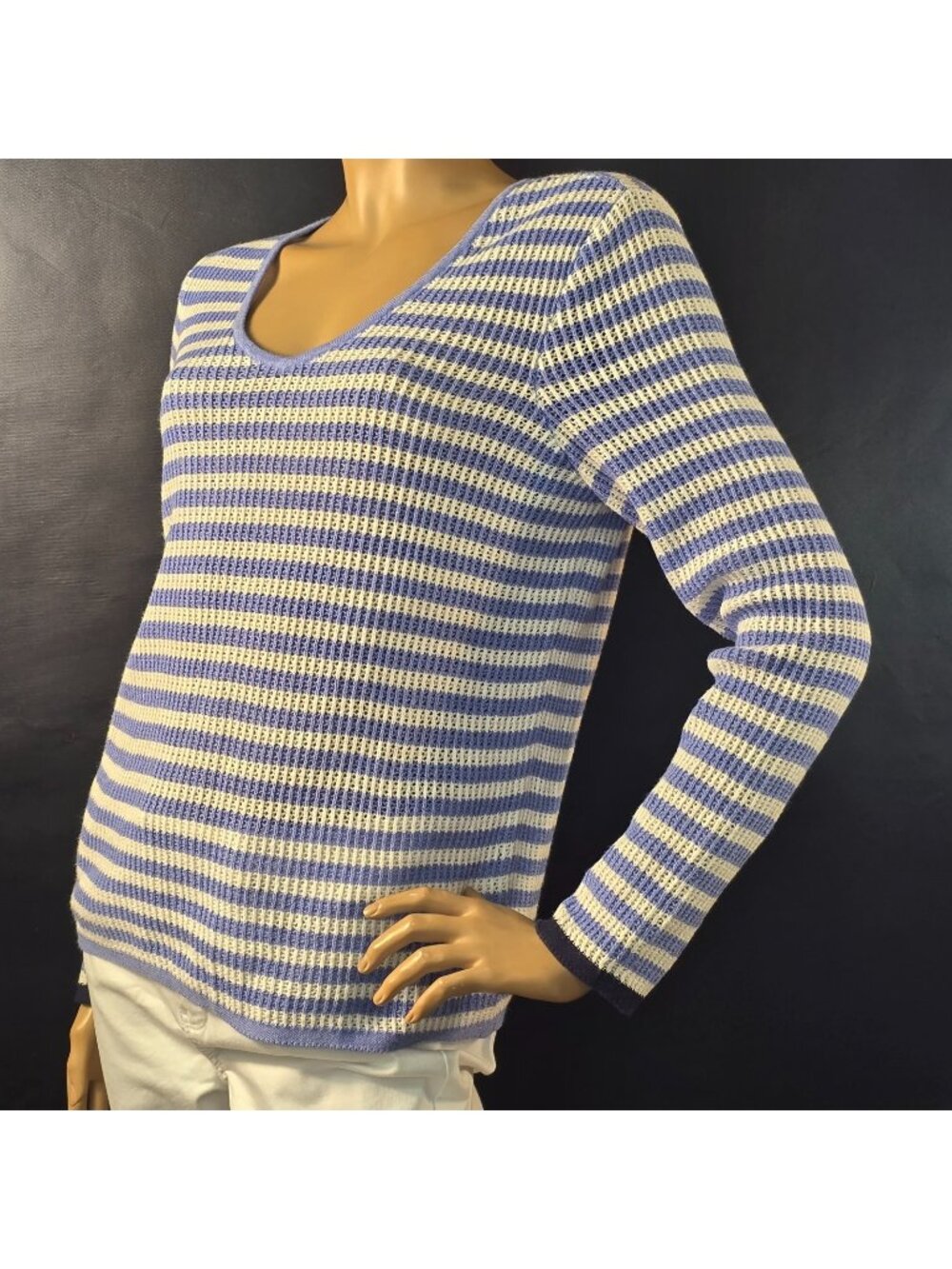 Nic + Zoe Blue And White Striped Knit Top Lightweight Summer Sweater Size M